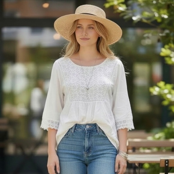 Blair Tops - Womens White Crochet Lace Embroidered Tunic Blouse Medium Cottagecare Boho